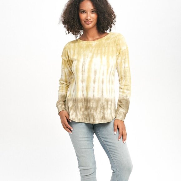 MYSTREE Yellow Beige Tie-Dye Long Sleeve Top, Casual Waffle Knit Pullover - Picture 3 of 7